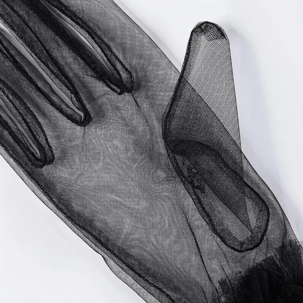 Women's Puffy Ruffle Black Tulle Sheer Mesh Party Prom One Size Short Gloves